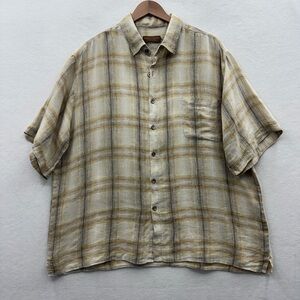 Robert Barakett Men's XL Short Sleeved Plaid Linen Button Down Shirt